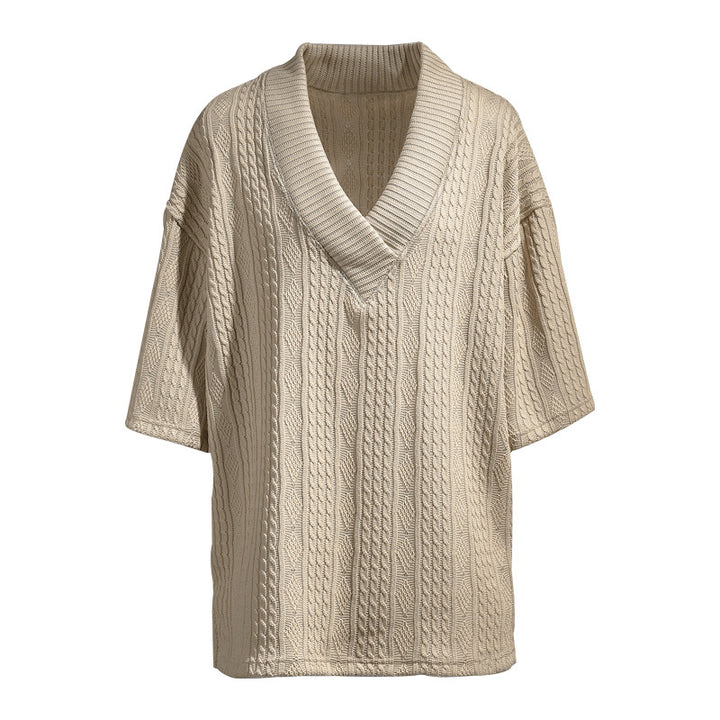 Damen nan weiter Kurzarm-Strickpullover mit Schalkragen und Zopfmuster Drune
