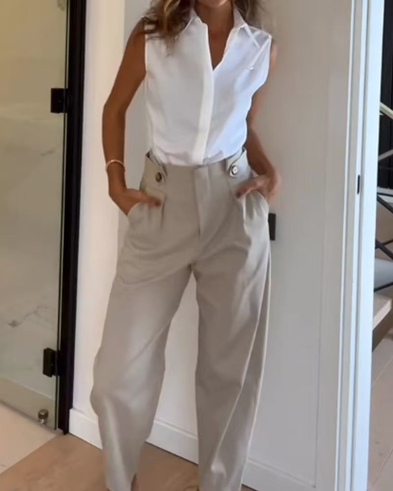 Damen Elegante Hochtaillierte Stoffhose mit Taschen Drune