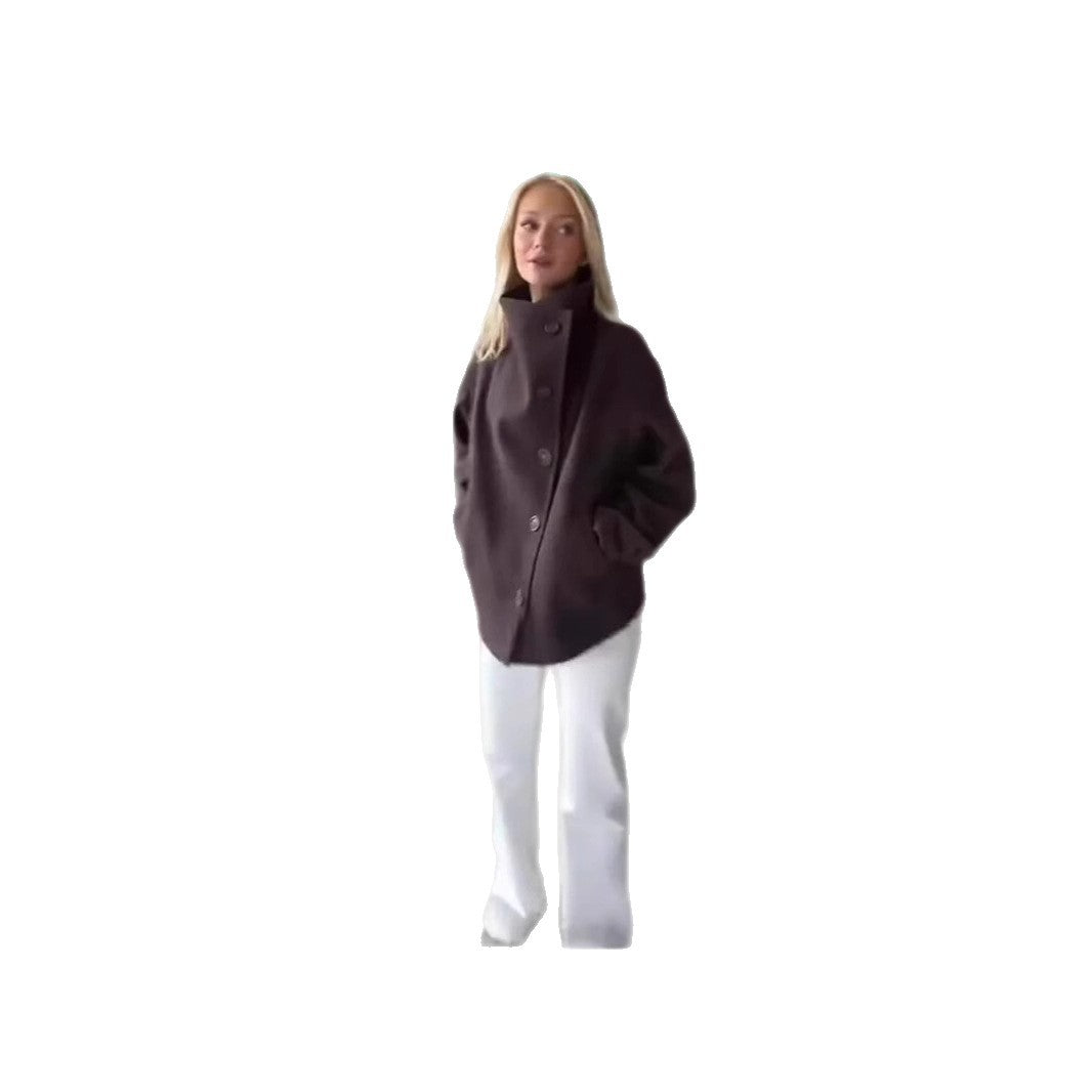 Damen Oversized Wolljacke mit hohem Kragen und doppelter Knopfleiste Drune
