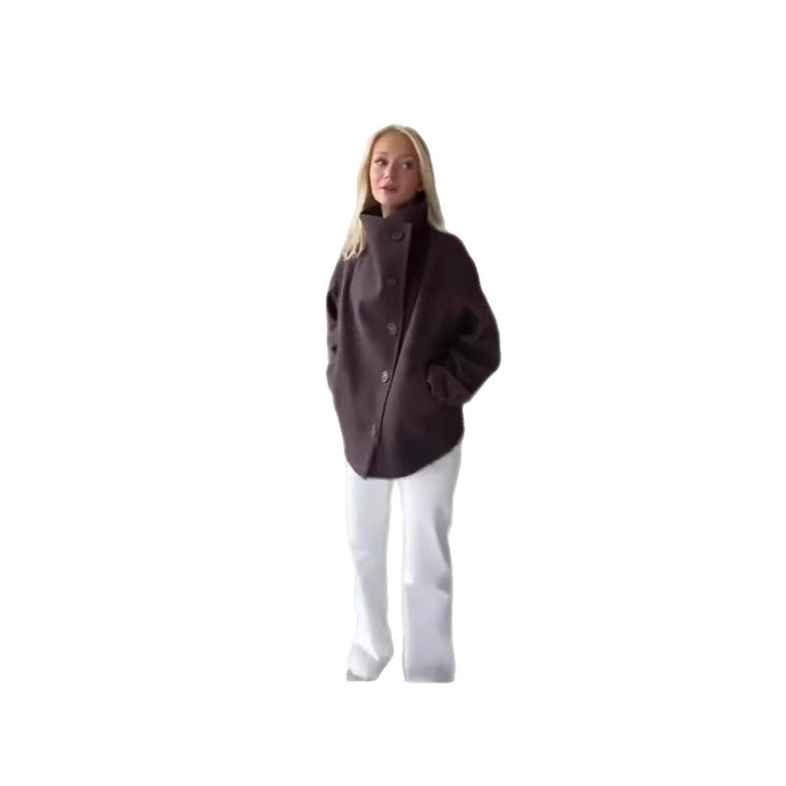 Damen Oversized Wolljacke mit hohem Kragen und doppelter Knopfleiste Drune