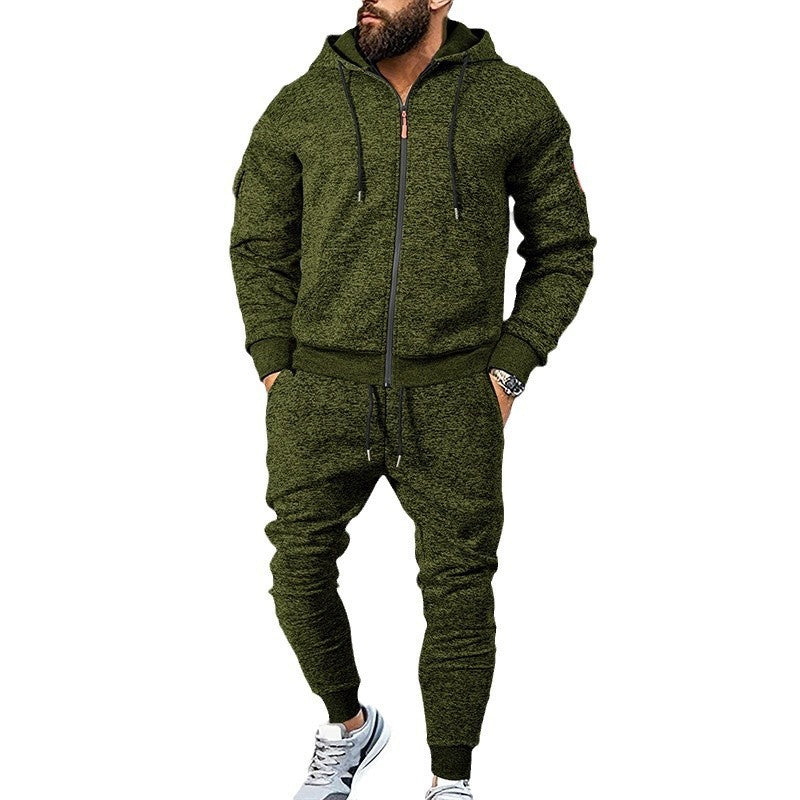 Herren nan meliertes Kapuzen-Sweatset mit durchgehendem Reißverschluss, Reißverschluss-Armtasche und Kordelzug-Jogginghose Drune