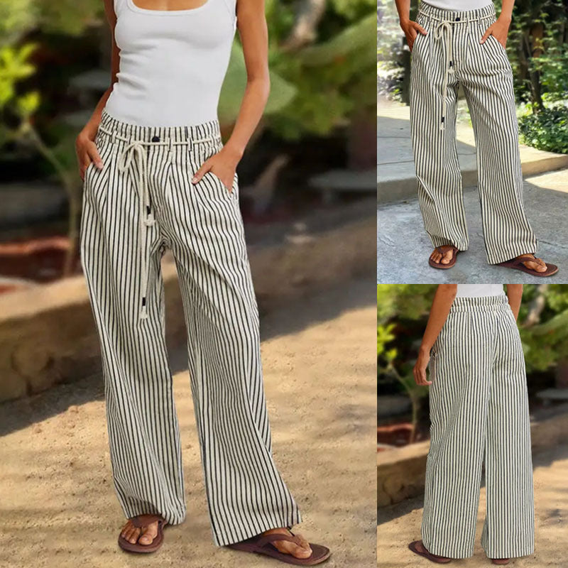 Damen Weite Leinenhose mit Streifenmuster und verstellbarem Bund Drune