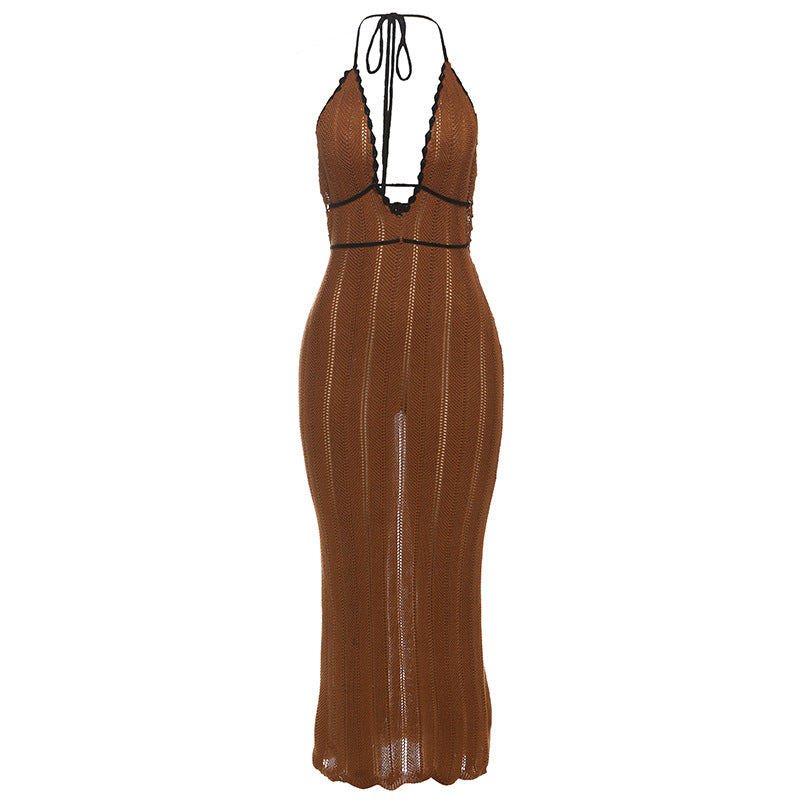 Damen Strick Maxikleid mit tiefem V-Ausschnitt und Bindebändern Drune
