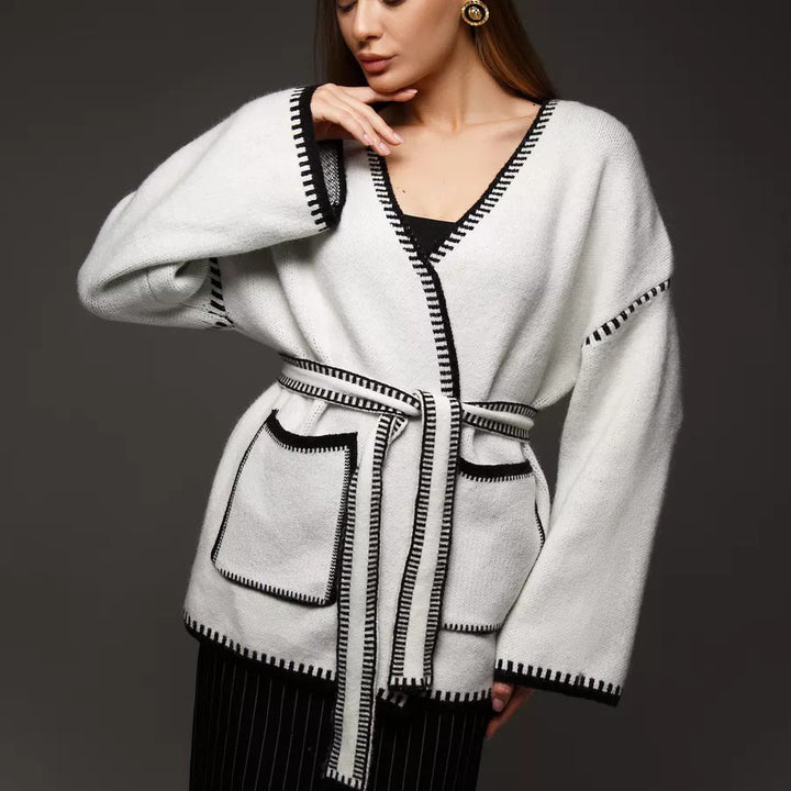 Damen Modischer Strickcardigan mit Taillengürtel und originellem Taschen-Design Drune