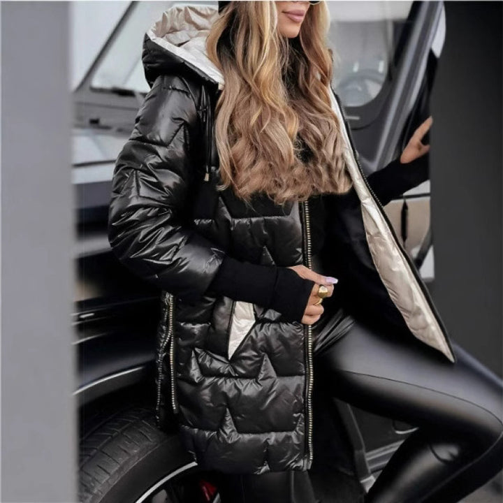 Damen lange, gefütterte Winterjacke mit Kapuze Drune