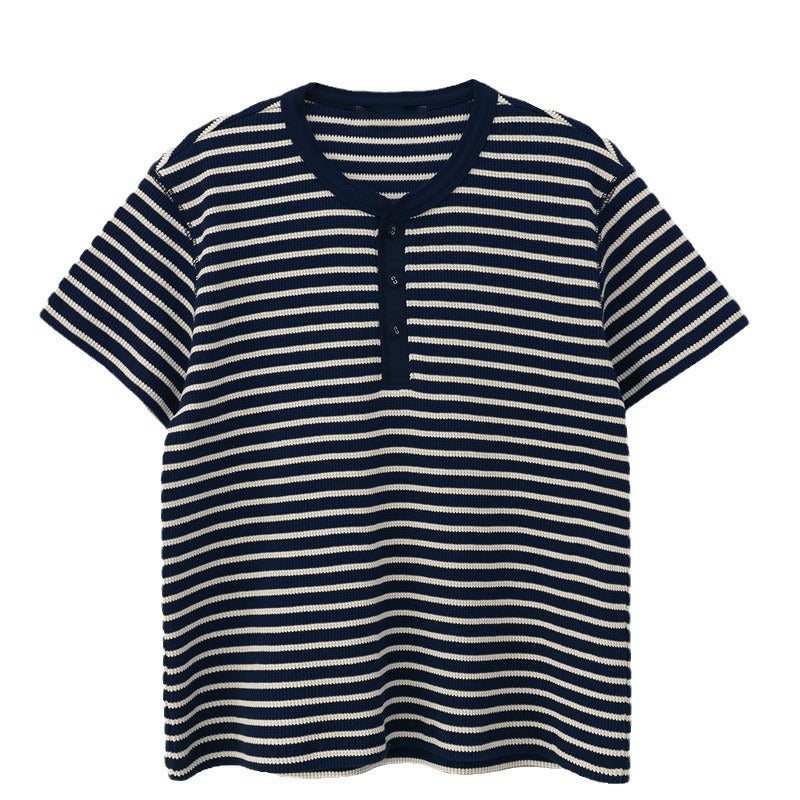 Damen modisches gestreiftes Kurzarmshirt mit Knopfleiste Drune