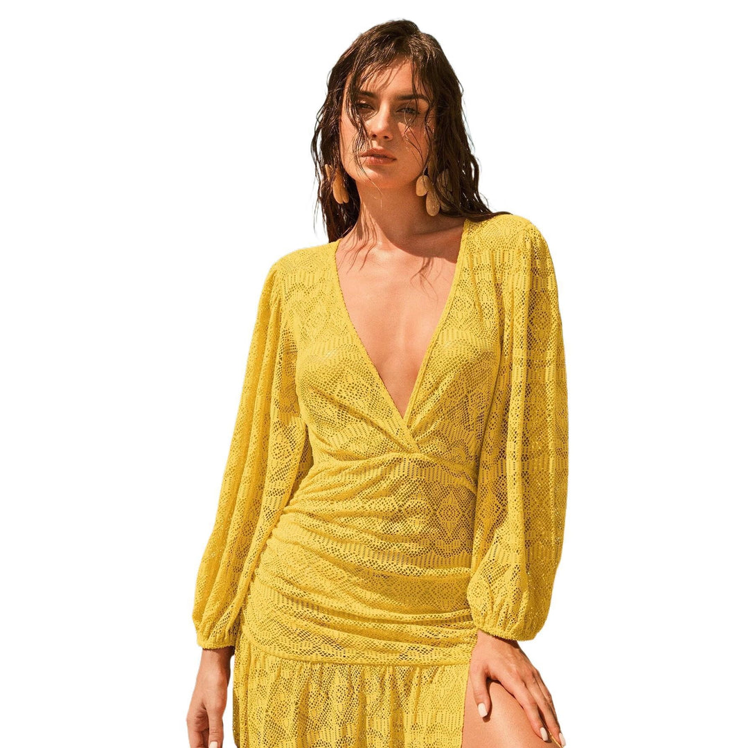 Damen Maxikleid mit tiefem V-Ausschnitt und weitem Ärmel Drune