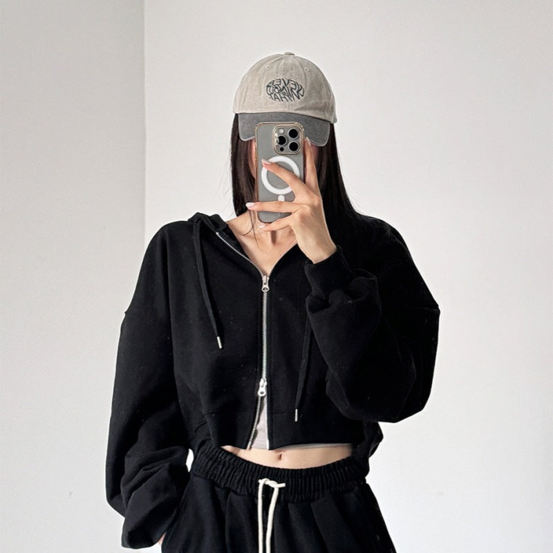 Damen cropped Kapuzenjacke mit Reißverschluss und elastischen Bündchen Drune