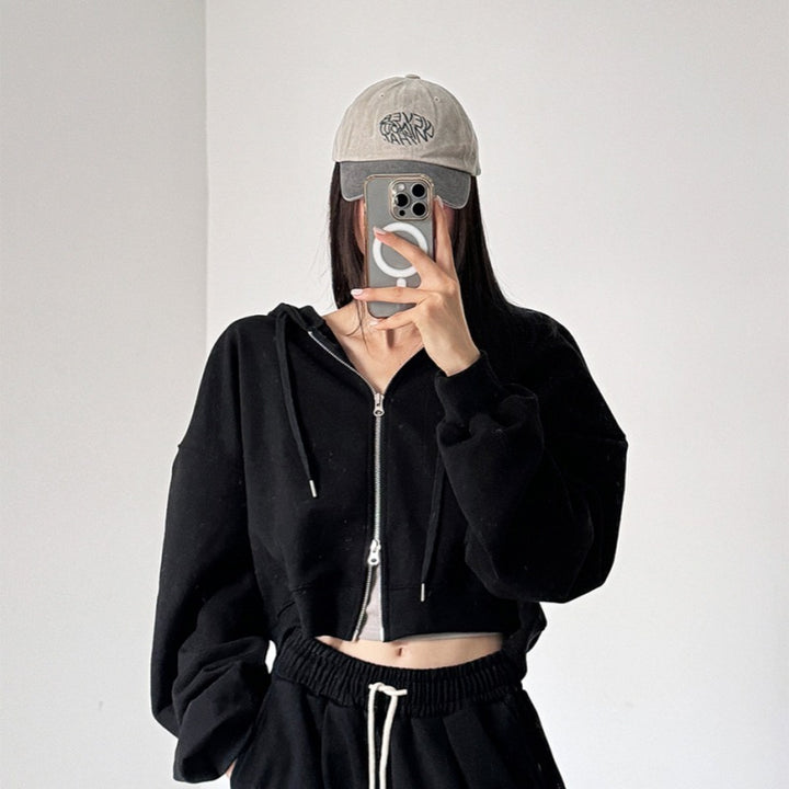 Damen cropped Kapuzenjacke mit Reißverschluss und elastischen Bündchen Drune
