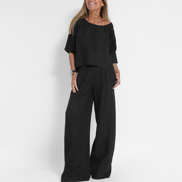 Damen luftiges Leinen-Ensemble mit weitem Schnitt und praktischen Taschen Drune