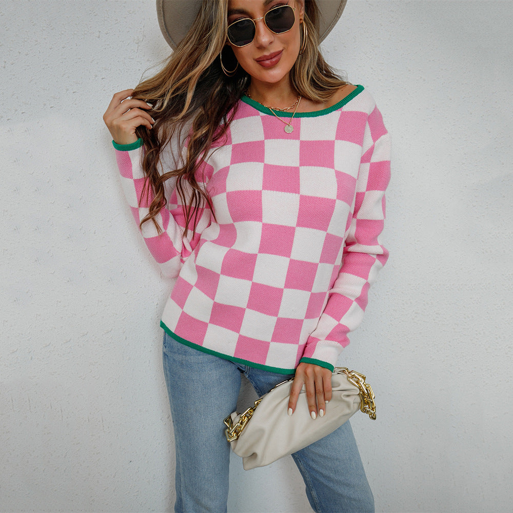 Damen lässiger Pullover mit Checkerboard-Muster Drune
