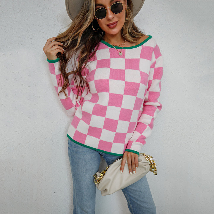 Damen lässiger Pullover mit Checkerboard-Muster Drune