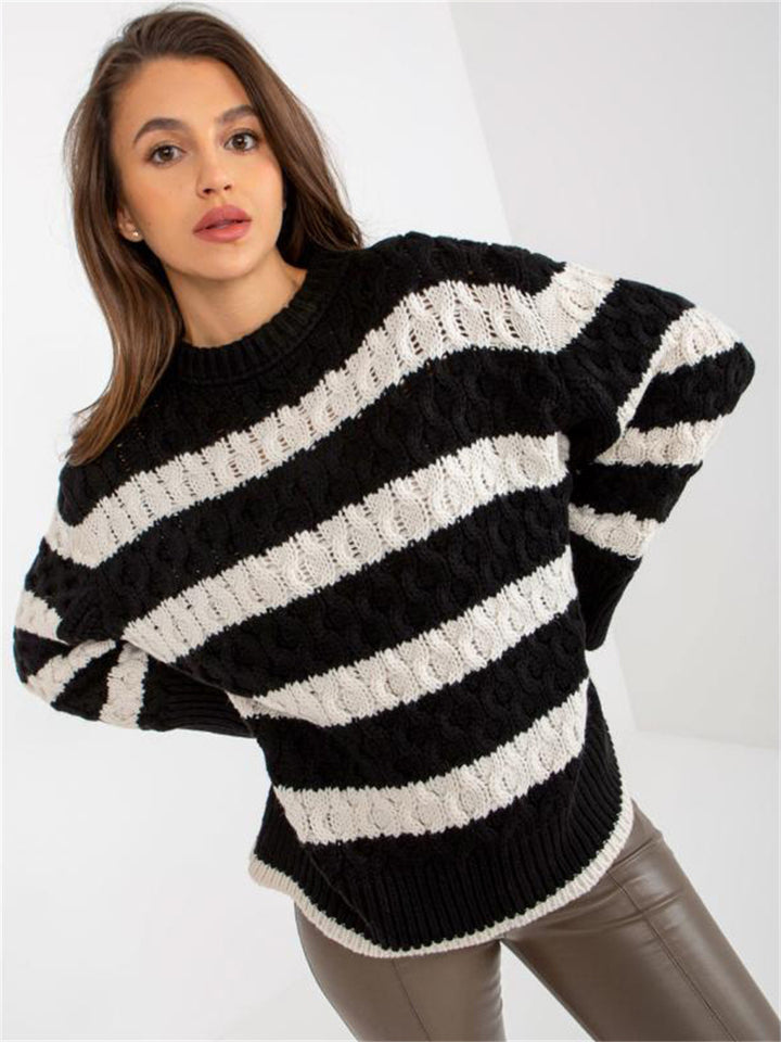 Damen gestreifte Strickpullover mit voluminösen Ärmeln und einzigartigem Muster Drune