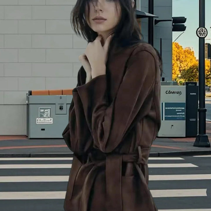 Damen modische Kunstlederjacke mit Taillengürtel und praktischen Taschen Drune