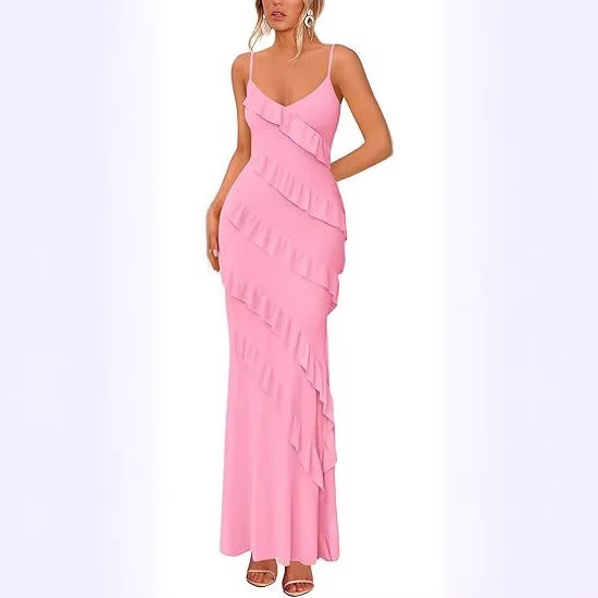 Damen Maxikleid mit Rüschen und Spaghettiträgern Drune