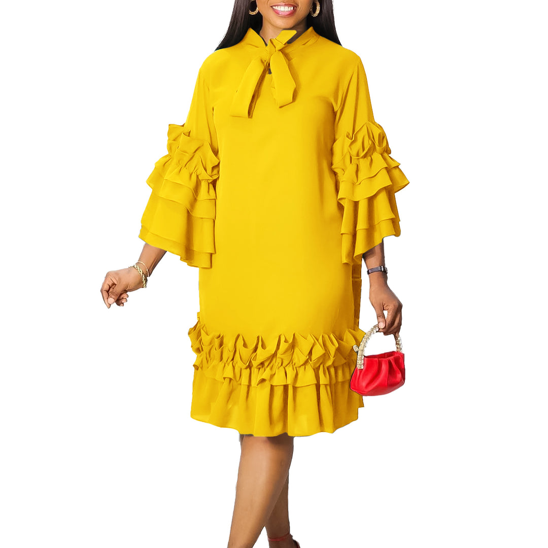 Damen Midi-Kleid mit voluminösen Rüschenärmeln und eleganter Schleife Drune