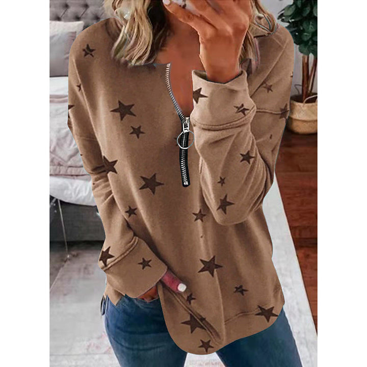 Damen Lässiger Sweatshirt mit Reißverschluss und Sternenmotiv Drune