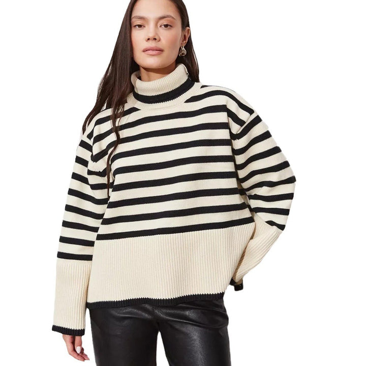 Damen Gemütlicher Rollkragenpullover mit klassischen Streifen und modischen Details Drune