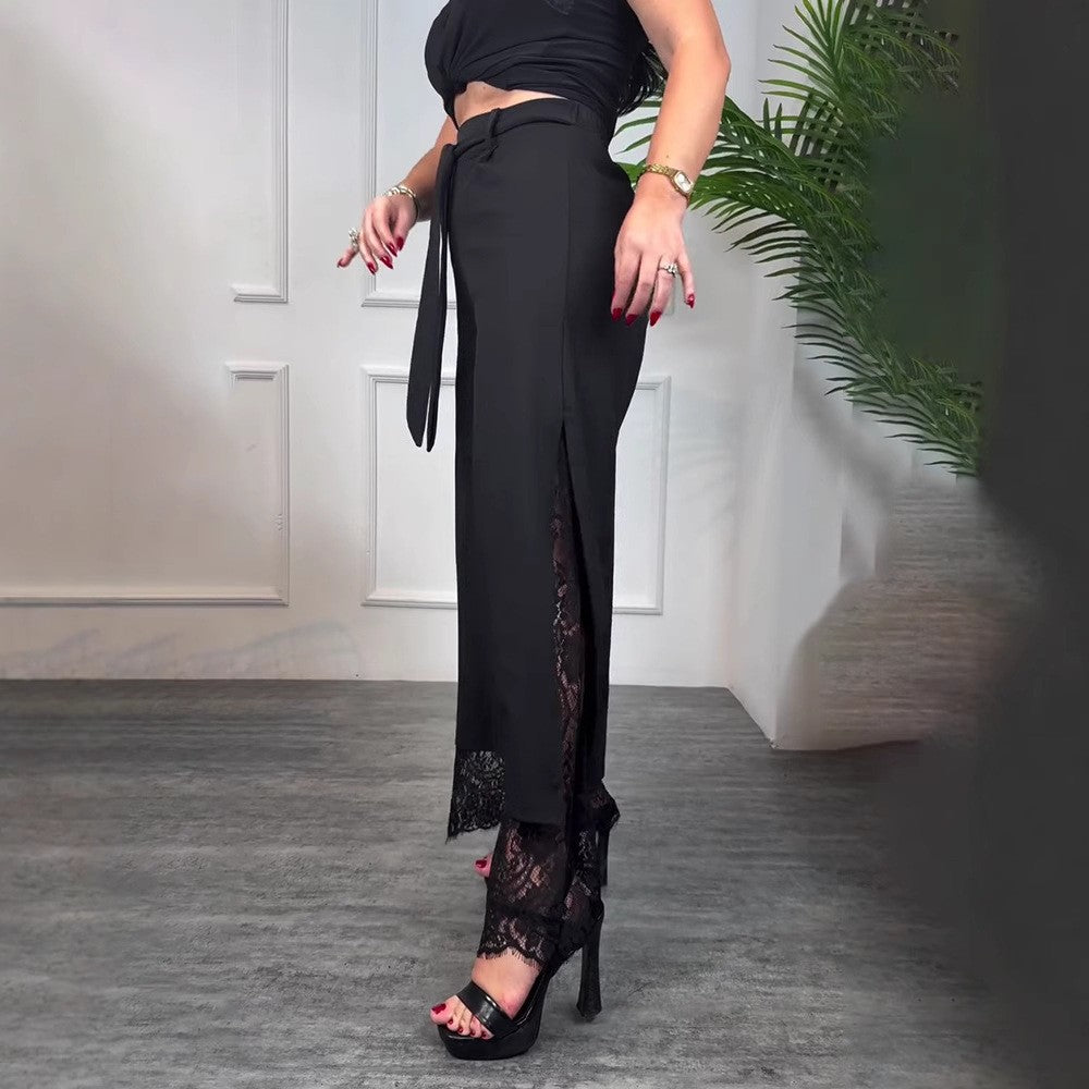 Damen elegante lange Hose mit transparenter Spitze und Schlitzen Drune