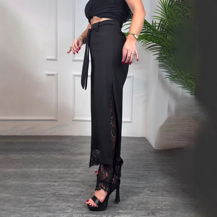 Damen elegante lange Hose mit transparenter Spitze und Schlitzen Drune