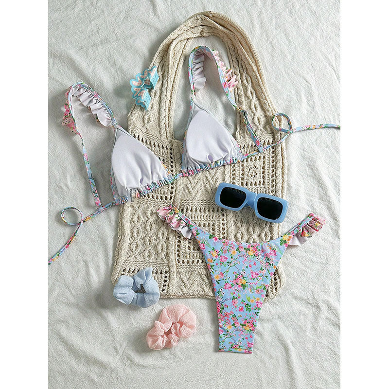 Damen Triangel-Bikini mit floralem Rüschendesign und verstellbaren Trägern Drune