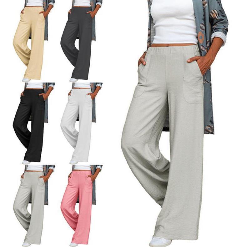 Damen weite Leinenhose mit praktischen Seitentaschen und elastischem Bund Drune