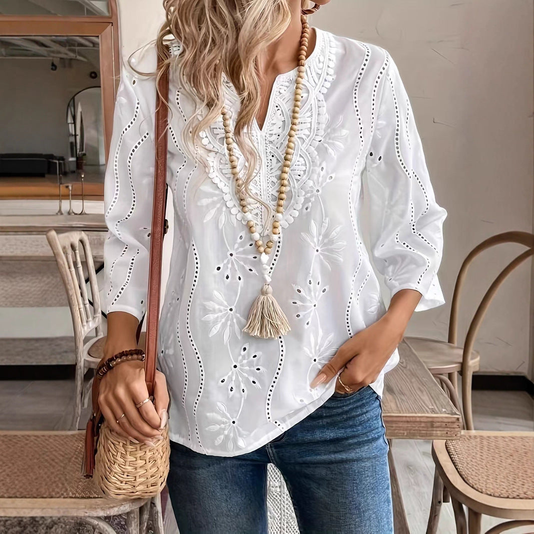 Damen bestickte Bluse mit elegantem V-Ausschnitt und 3/4-Ärmeln Drune