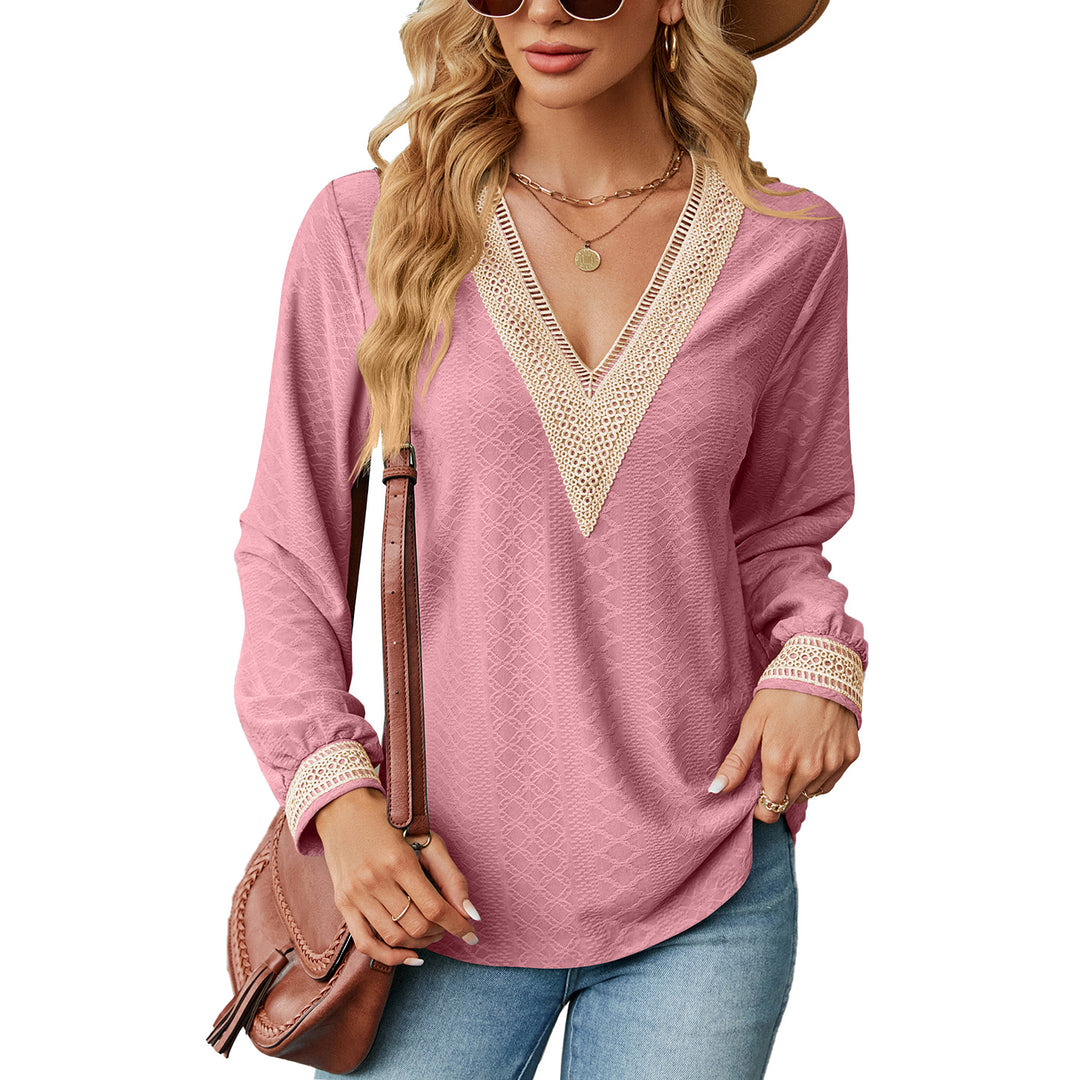 Damen Langarm Blusenshirt mit dekorativem V-Ausschnitt und Häkelelementen Drune