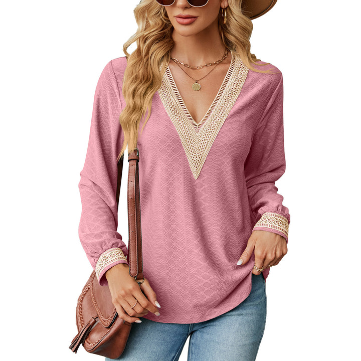 Damen Langarm Blusenshirt mit dekorativem V-Ausschnitt und Häkelelementen Drune
