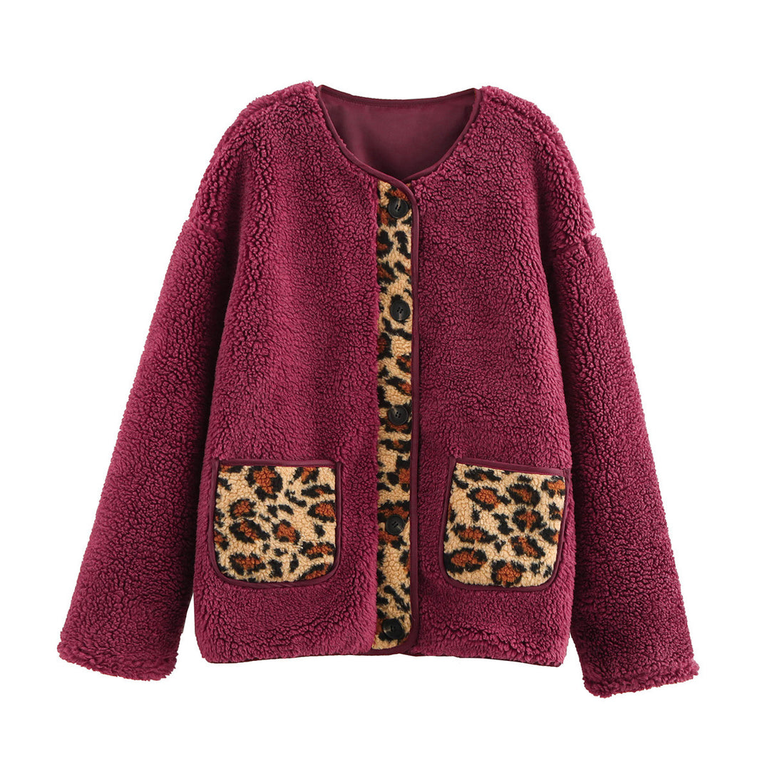Damen kuschelige Teddyjacke mit tierischem Muster und praktischen Pattentaschen Drune