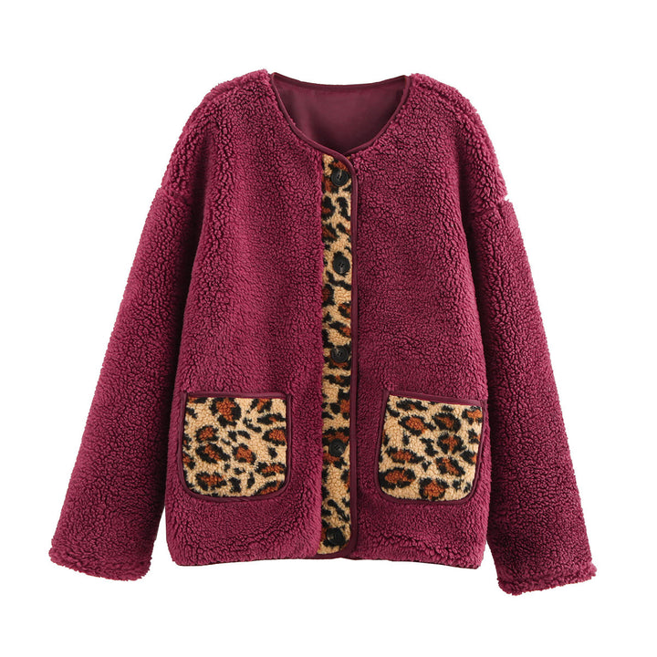 Damen kuschelige Teddyjacke mit tierischem Muster und praktischen Pattentaschen Drune