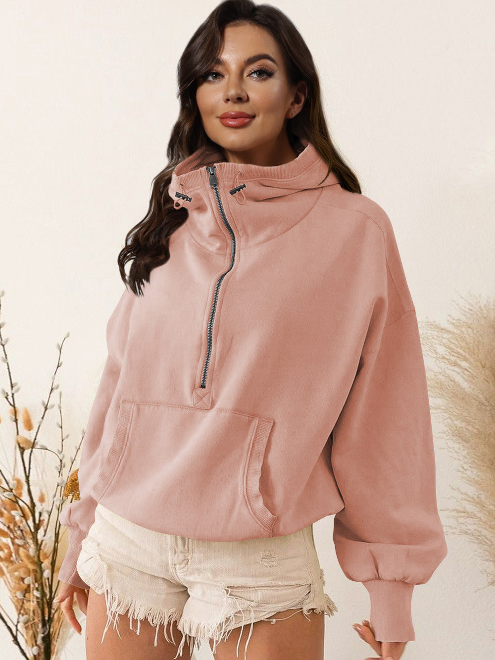 Damen sportlicher Kapuzenpullover mit halbem Reißverschluss und funktionalen Taschen Drune