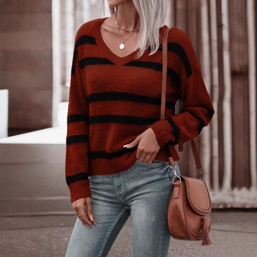 Damen V-Ausschnitt Pullover mit breiten Streifen und kuscheligem Material Drune