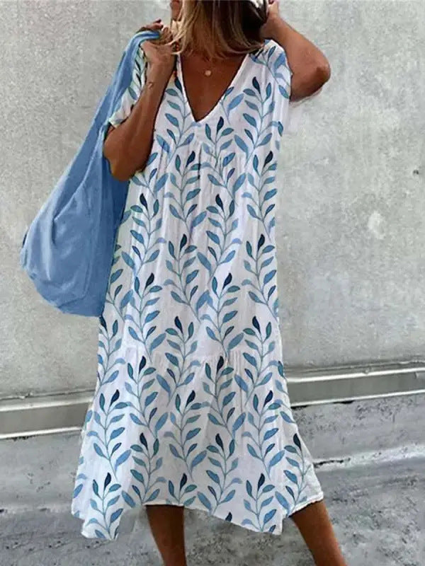 Damen lässiges Sommerkleid mit V-Ausschnitt und voluminösem Rock Drune