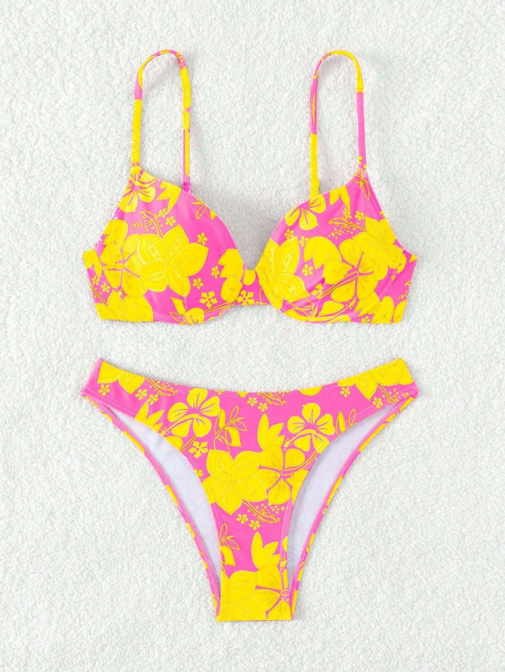 Damen gepolsterter Triangel-Bikini mit floralem Design und verstellbaren Trägern Drune