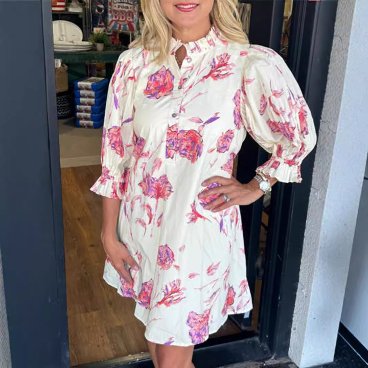 Damen Blusenkleid mit floralen Akzenten und Rüschendetails Drune