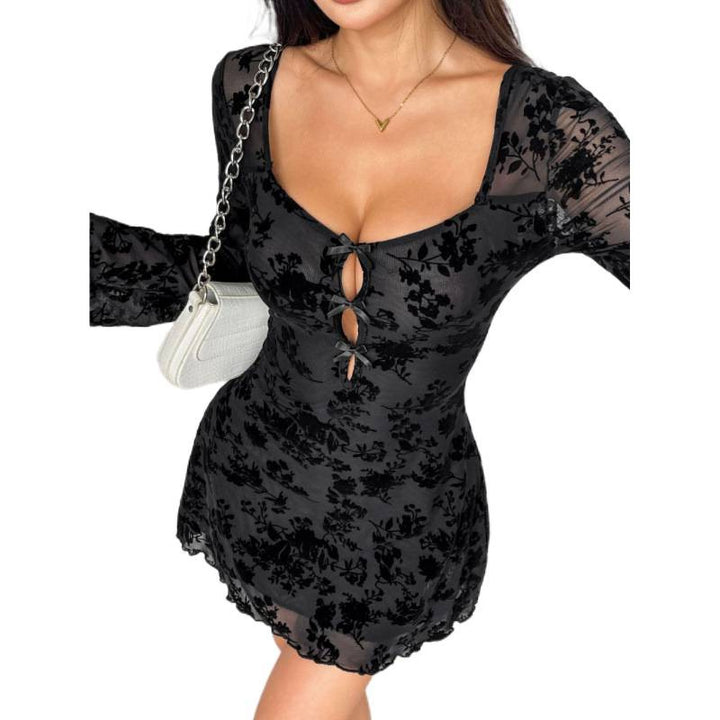 Damen Mini-Kleid mit transparenten Spitzenärmeln und floralem Design Drune