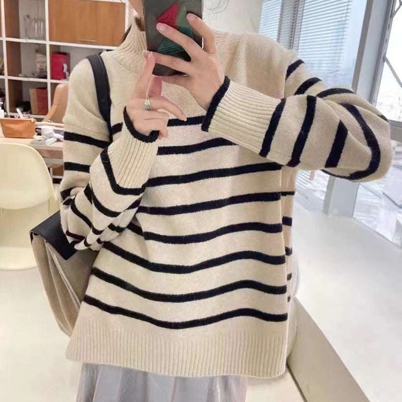 Damen Lässiger Strickpullover mit geringelten Design Drune