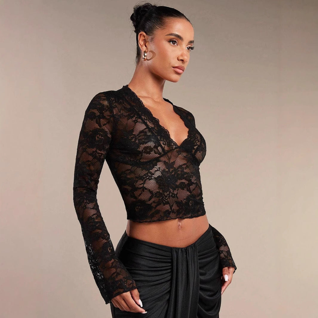 Damen nan transparente Spitzenbluse mit V-Ausschnitt, tailliert und Trompetenärmeln Drune