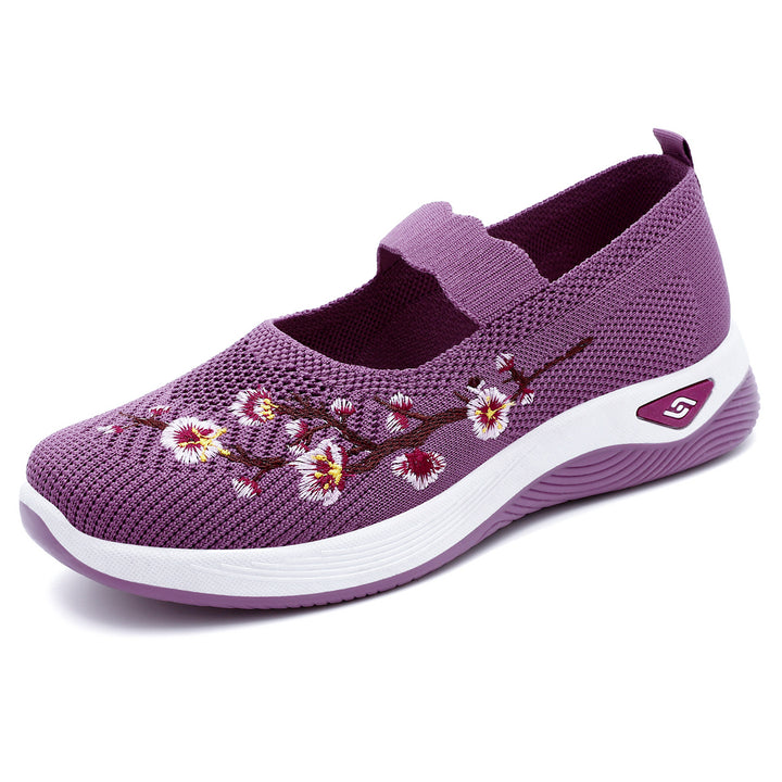 Damen nan bestickter gestrickter Slip-On Sneaker mit Mary-Jane Riemen und stoßdämpfender EVA-Sohle Drune