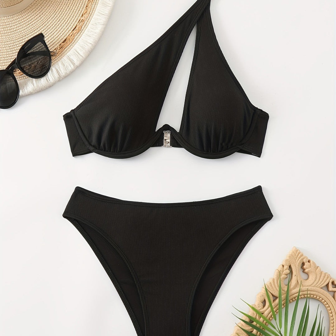 Damen Bikini-Set mit asymmetrischem Trägerdesign und unterstützendem Push-Up-Oberteil Drune