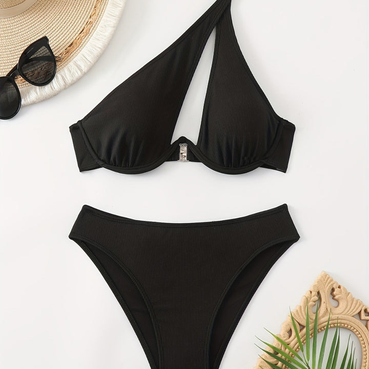 Damen Bikini-Set mit asymmetrischem Trägerdesign und unterstützendem Push-Up-Oberteil Drune
