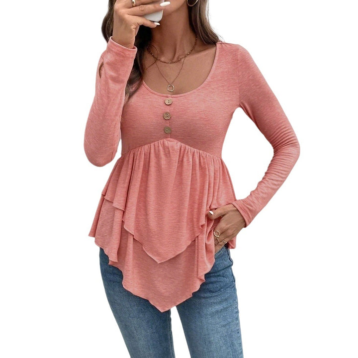 Damen Langarm-Blusenshirt mit Rüschendetails und Knopfleiste Drune