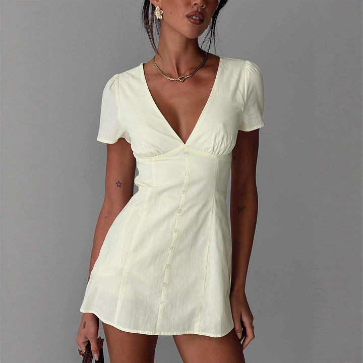 Damen Kurzärmeliges Kleid mit V-Ausschnitt und Knopfleiste Drune
