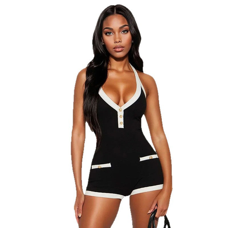 Damen Playsuit mit tiefem V-Ausschnitt und dekorativen Knopfdetails Drune