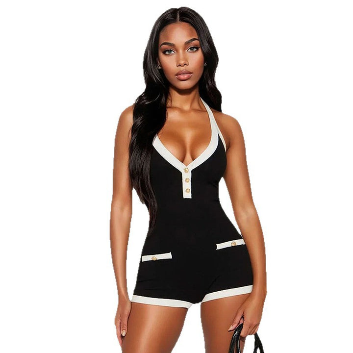 Damen Playsuit mit tiefem V-Ausschnitt und dekorativen Knopfdetails Drune