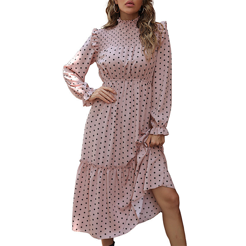 Damen elegantes Punktmuster Maxikleid mit Rüschen Drune