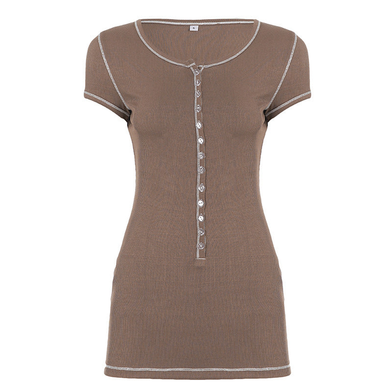 Damen figurbetontes Kurzarmshirt mit Knopfleiste und eleganter Rippstruktur Drune