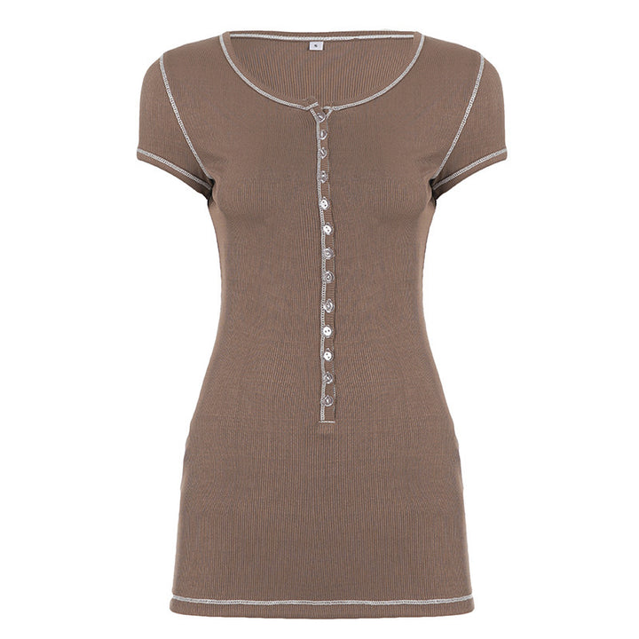 Damen figurbetontes Kurzarmshirt mit Knopfleiste und eleganter Rippstruktur Drune