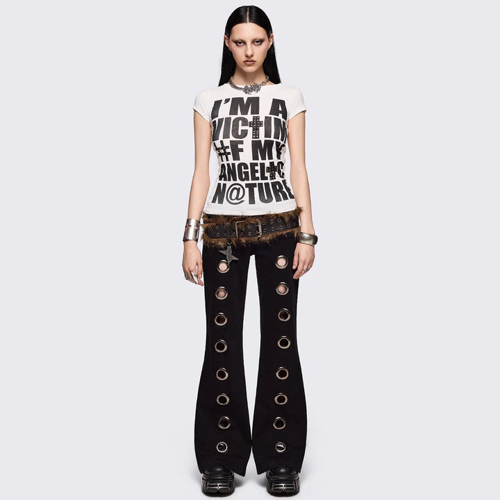 Damen Flared Jeans mit dekorativen Ösen Drune
